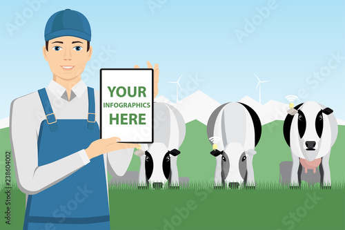 Modern farmer with digital tablet on a cattle grazing. White screen, you can add your infographic here.