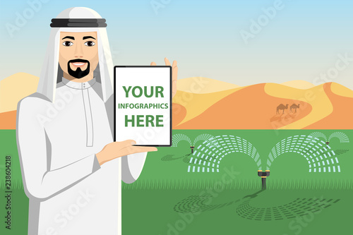 Arab farmer with a tablet computer controls irrigation system.  White screen, you can add your infographic here.