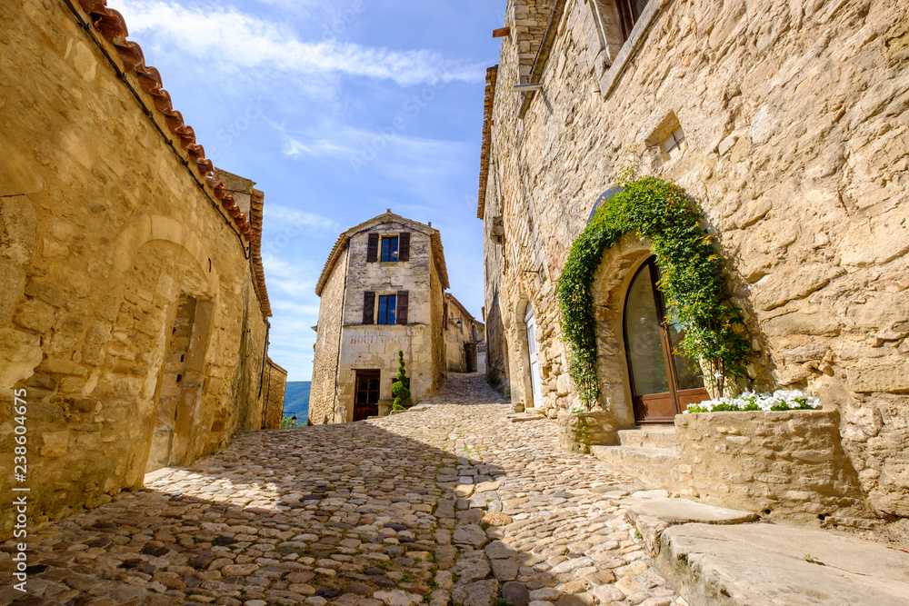 Rue pavé avec des anciennes maisons en pierre en Provence. Village de Lacoste, France.