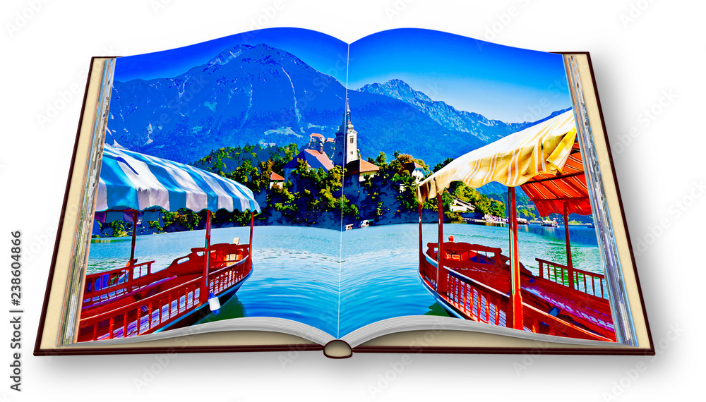 Typical wooden boats, in slovenian called Pletna, in Bled Lake (Europe - Slovenia) - Art toned image with painted image effect - 3D rendering concept image of an opened photo book isolated on white