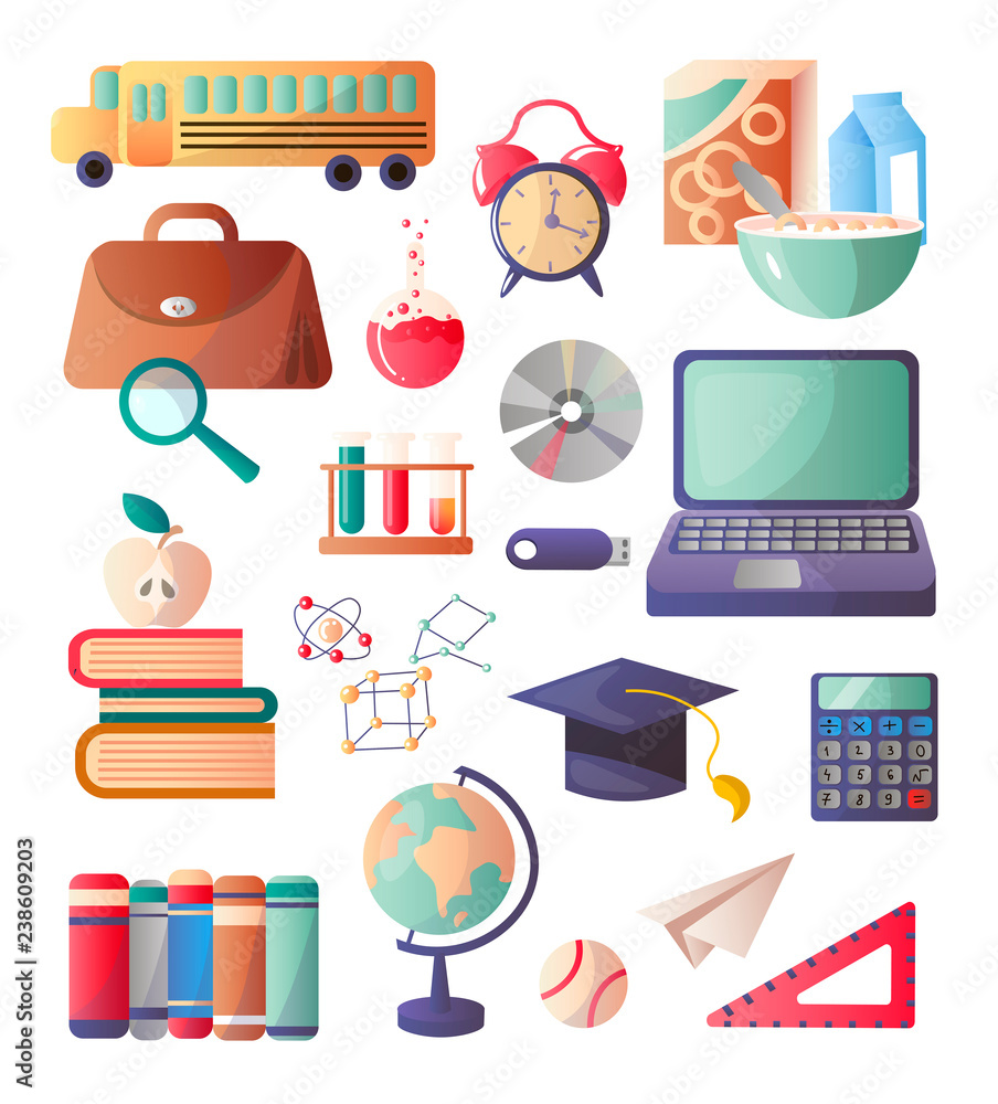 Set of school supplies necessary for each student for effective classes. School bus to get to school, alarm clock, calculator, ruler, books and more. Set of school supplies necessary for each student for effective classes. School bus to get to school, alarm clock, calculator, ruler, books and more.
