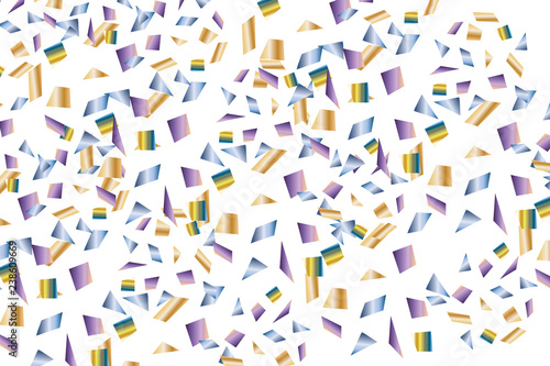 Festive background with confetti. Golden  light blue and crimson triangles and quadrangles. Abstract background for holiday parties  banners  posters  carnivals  children s parties  greeting cards.