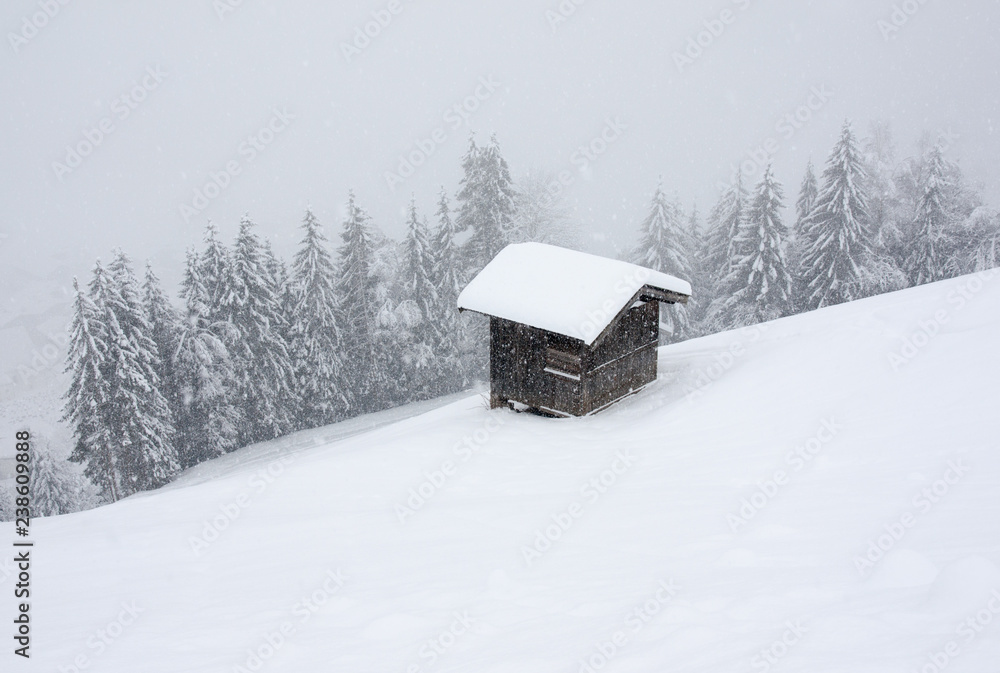 Winterlandschaft mit Holzhütte und Wald im dichten Schneefall Winterlandschaft mit Holzhütte und Wald im dichten Schneefall