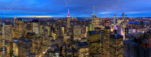 New York City skyline with urban skyscrapers at night