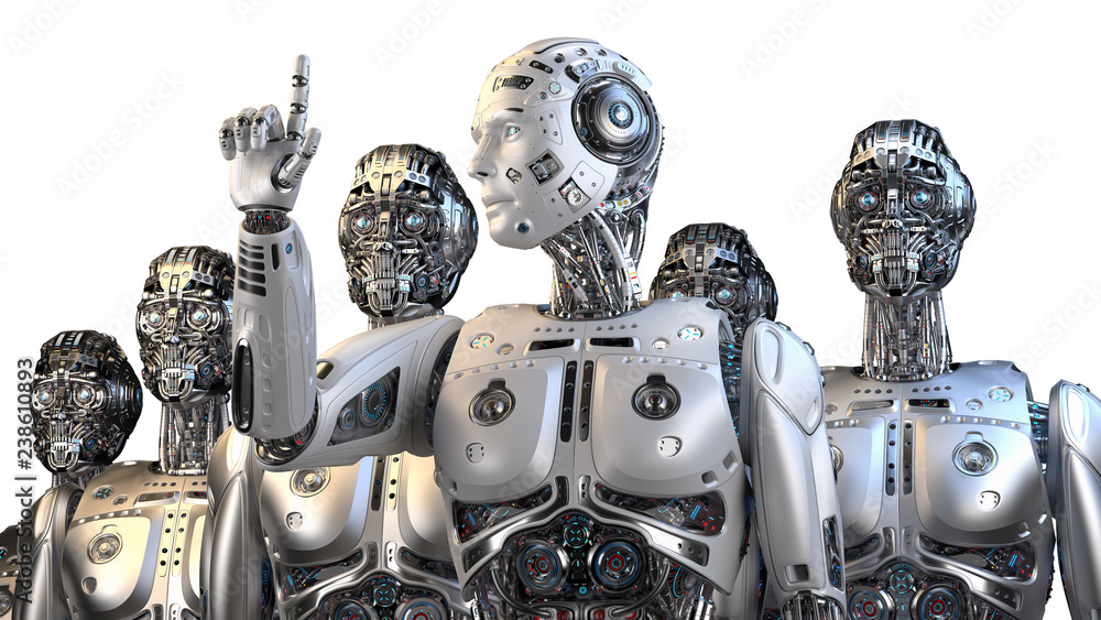 Futuristic robot army or group of cyborgs standing with their leader  pointing his finger towards the sky. Isolated on white background. 3D  Render ilustración de Stock | Adobe Stock