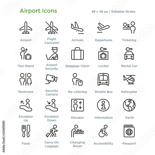 Airport Icons - Outline styled icons, designed to 48 x 48 pixel grid. Editable stroke.
