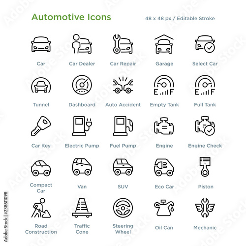 Automotive Icons - Outline styled icons, designed to 48 x 48 pixel grid. Editable stroke.