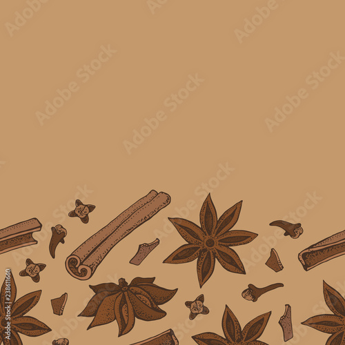 Cinnamon sticks, anise star and cloves seamless pattern. Seasonal food vector illustration isolated on brown background. Hand drawn doodles of spice and flavor. Cooking and mulled wine ingredient