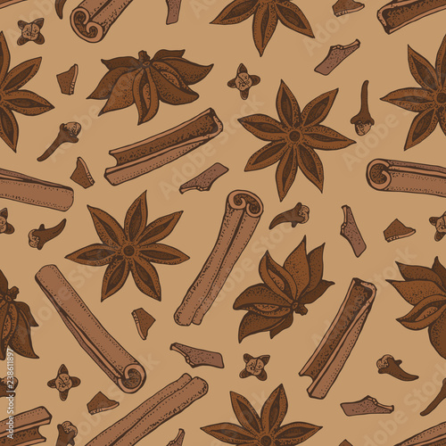 Cinnamon sticks, anise star and cloves seamless pattern. Seasonal food vector illustration isolated on brown background. Hand drawn doodles of spice and flavor. Cooking and mulled wine ingredient