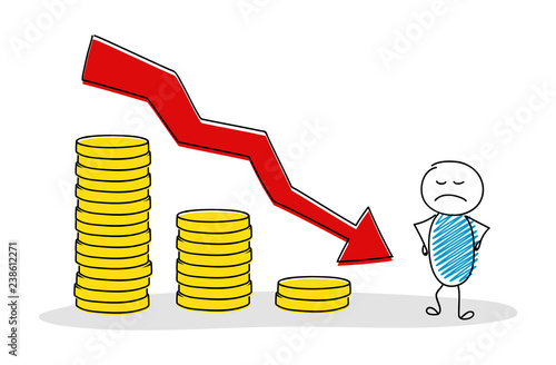 Angry stickman with rising coin stack graph. Vector.