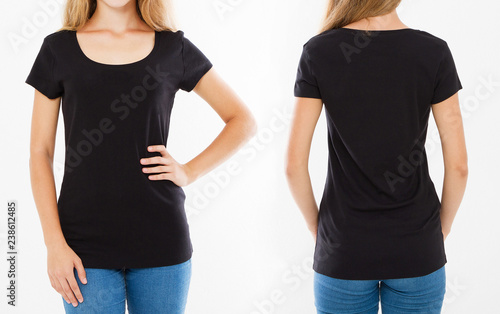 woman in stylish t shirt isolated on white, set collage girl in tshirt