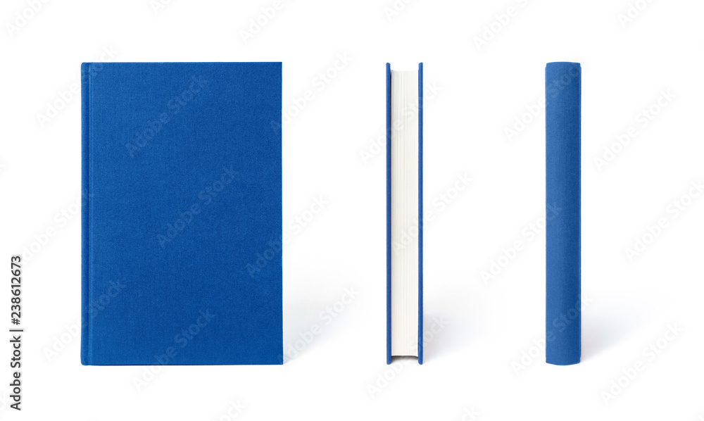 Naklejka premium Blue standing hardcover book isolated, the view from three angles. Cover made of natural linen fabric with uneven rough texture.
