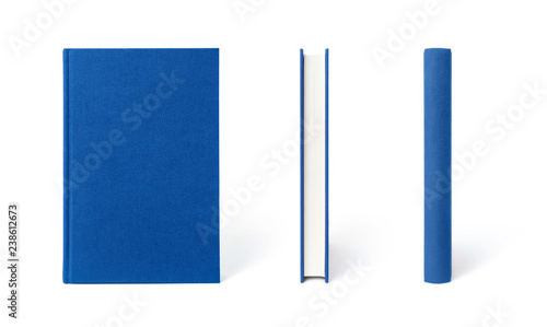 Blue standing hardcover book isolated, the view from three angles.  Cover made of natural linen fabric with uneven rough texture. photo