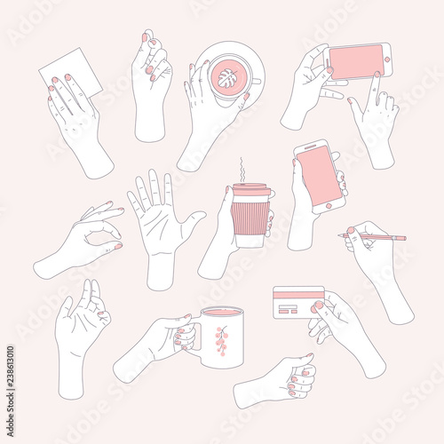 Women set of hands. Hands holding smartphone, card, tube, coffee cup, tea cup, credit card and pencil. Feminine illustration. Vector illustration