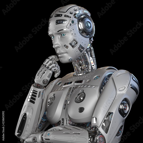 Futuristic Robot man thinking. Isolated on black background. 3D Render. © Mykola