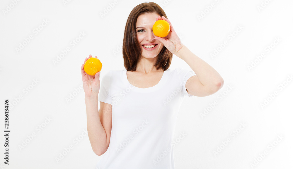 comic smile happy brunette woman holding orange near face, cosmetic diet concept comic smile happy brunette woman holding orange near face, cosmetic diet concept