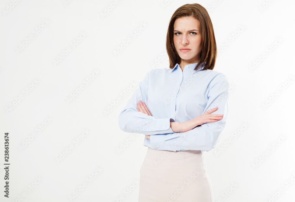 displeased brunette in a shirt with arms crossed displeased brunette in a shirt with arms crossed