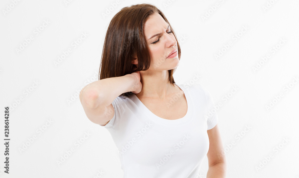 Tired brunette woman having pan in neck isolated on white background Tired brunette woman having pan in neck isolated on white background