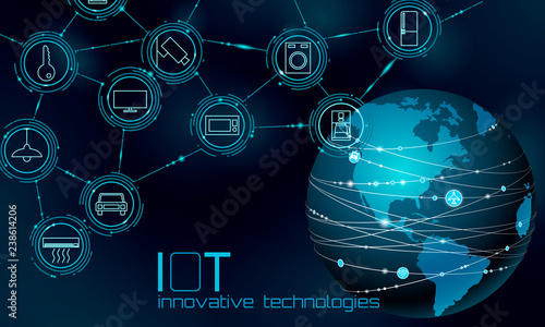 Planet Earth America USA continent internet of things innovation technology concept. Wireless communication network IOT ICT. Intelligent system automation AI computer online vector illustration