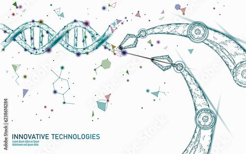 DNA 3D structure editing medicine concept. Low poly polygonal triangle gene therapy cure genetic disease. GMO engineering CRISPR Cas9 innovation modern technology science banner vector illustration