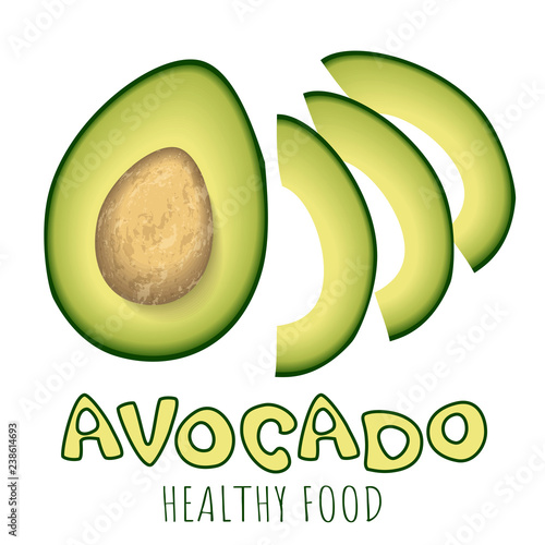 Bright vector set of colorful half and slices of fresh avocado. Fresh avocad isolated on white background