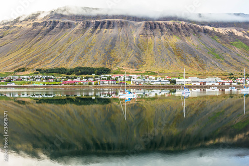 Fjord reflection on the water at Isafjordur, Iceland