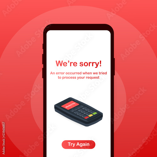Payment by credit card using POS terminal, rejected payment. Flat illustration. Vector illustration.