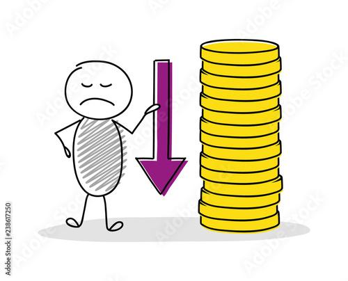 Business concept with hand drawn stickman showing coin stack. Vector.