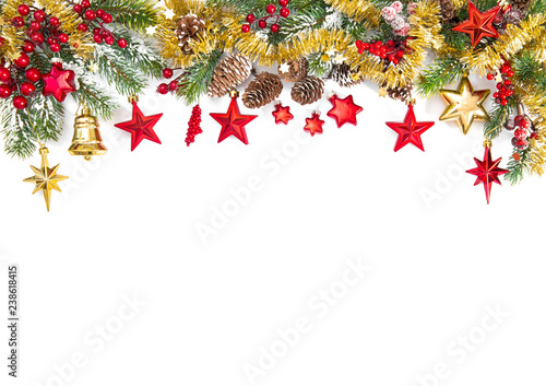 Christmas ornaments decoration fir tree branches white background