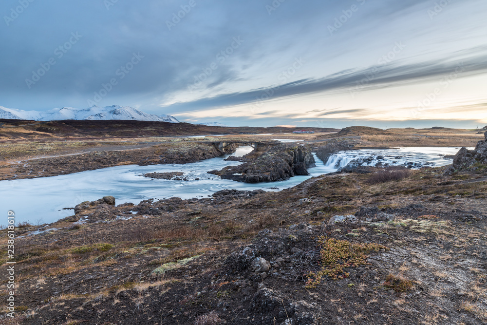 River landscape and fabulous waterfalls in Icelandic lands