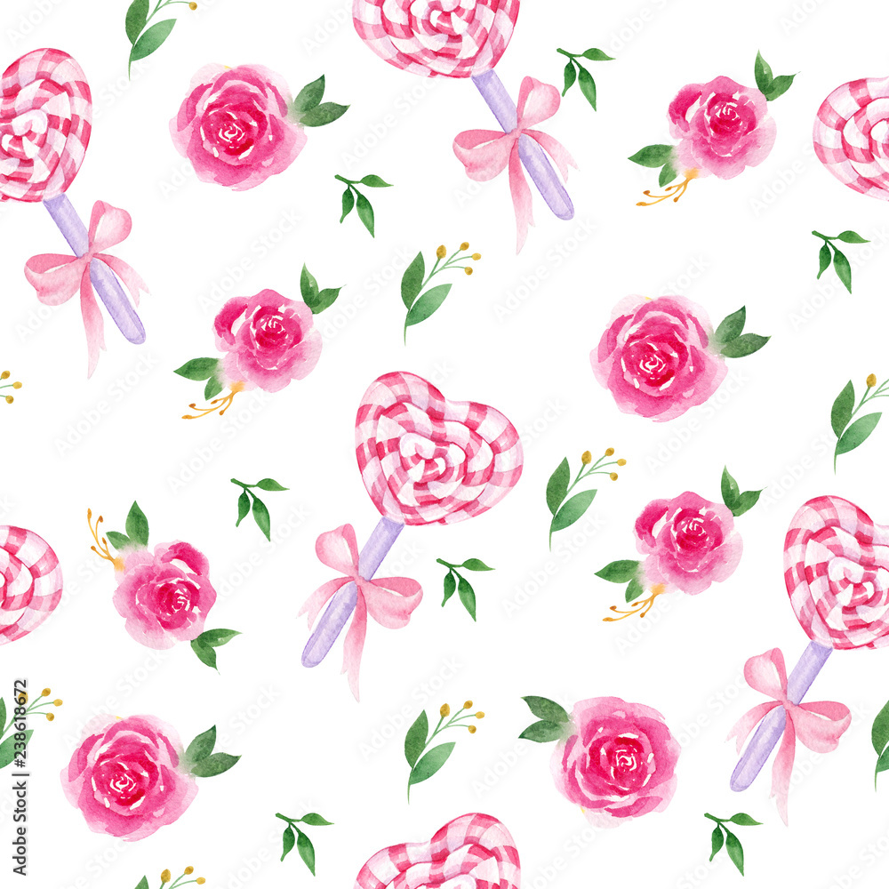 Watercolor seamless pattern with cakepops and pink Lollipop with flowers, ribbon