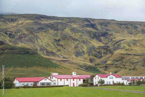 Scenic landscape of Iceland, farm houses