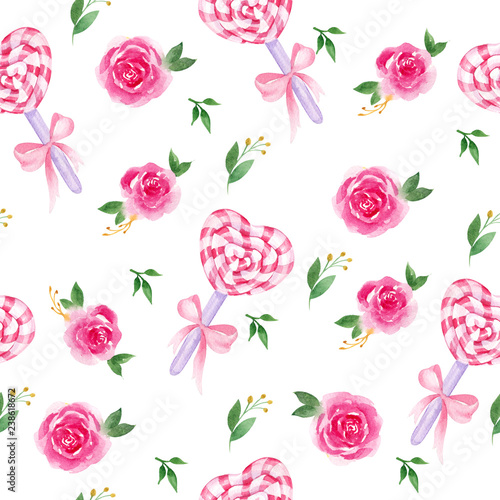 Watercolor seamless pattern with cakepops and pink Lollipop with flowers, ribbon © марина васильева