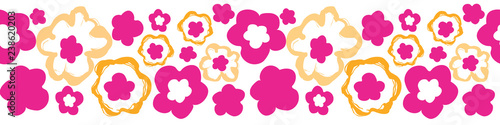 Playful, mod 1960s style pop art floral in bright colors. Colorful seamless vector border on white background. Great for party invitations, textiles, cards, fashion, home decor and graphic design.