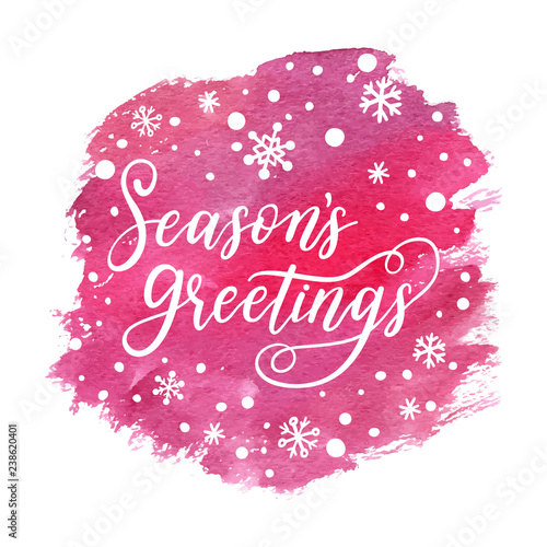 Happy New Year wish poster, label, emblem, logo, text, greeting cards. Vector winter holiday sticker background with hand lettering calligraphy, watercolor gift, falling snow.