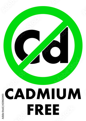 Cadmium free icon. Letters Cd (chemical symbol) in green crossed circle, with text under.