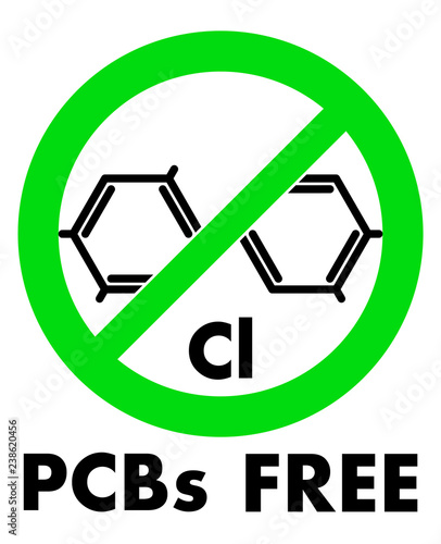 PCBs free icon. Polychlorinated biphenyls chemical molecule and letters Cl (chemical symbol for Chlorine) in green crossed circle, with text under.