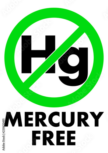 Mercury free icon. Letters Hg (chemical symbol) in green crossed circle, with text under.