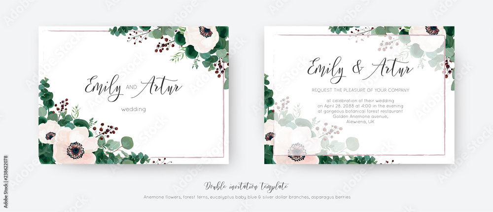 Wedding vector invite, double invitation card floral design. Light pink Anemone flowers, greenery eucalyptus branches, leaves, tender berries & mauve, transparent frame. Elegant, romantic template set