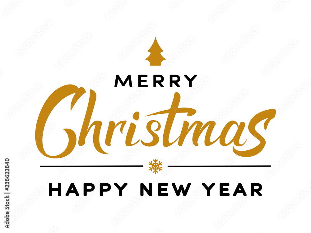 Merry Christmas gold and black hand lettering text. Celebration sign for winter holiday design, postcard, poster, invitation, banner and sticker. Holiday quotation in calligraphy. Vector illustration.