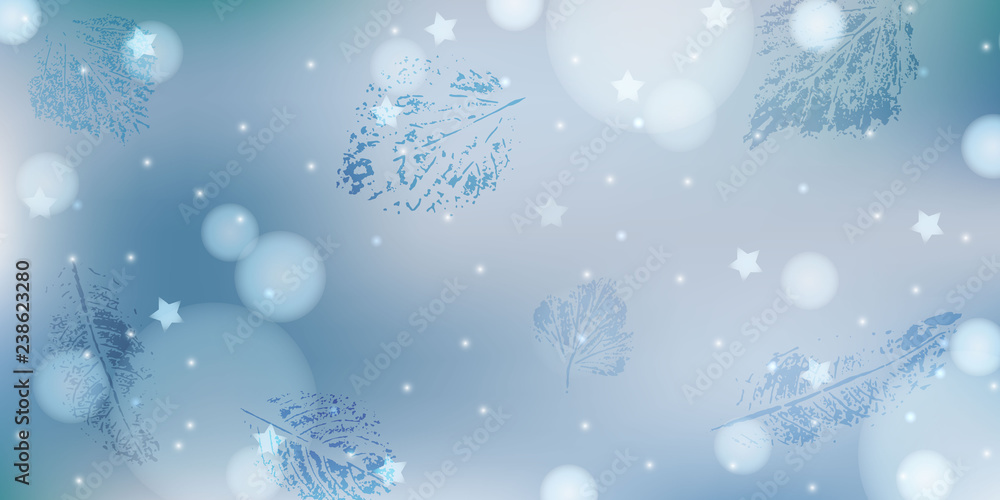 Light blue winter background with frozen leaves, stars and light. Abstract background in blue and white colors for banner, poster, card, wallpaper. Suitable for Christmas, New Year. EPS 10 Light blue winter background with frozen leaves, stars and light. Abstract background in blue and white colors for banner, poster, card, wallpaper. Suitable for Christmas, New Year. EPS 10