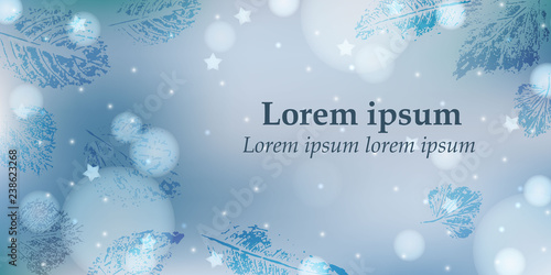 Abstract winter background with text in light blue and white colors with frozen leaves, lights and stars for banner, poster, card. Suitable for Christmas, New Year congratulation, sale. EPS 10