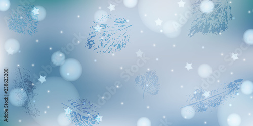 Light blue winter background with frozen leaves  stars and light. Abstract background in blue and white colors for banner  poster  card  wallpaper. Suitable for Christmas  New Year. EPS 10