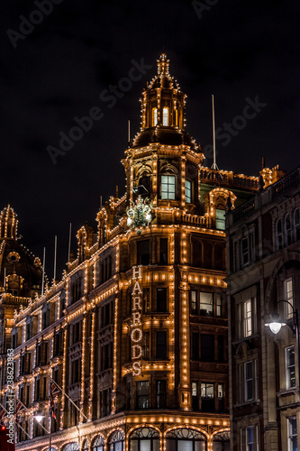 LONDON, UNITED KINGDOM - NOV 13, 2018: Night shoot, Harrods department store on Brompton Road in Knightsbridge. Christmas period.