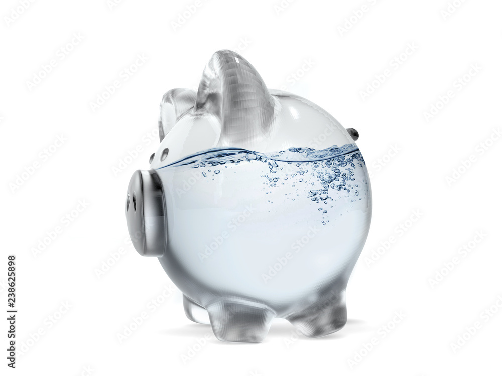 Glass and water piggy bank isolated on white background, concepts - 3d ...