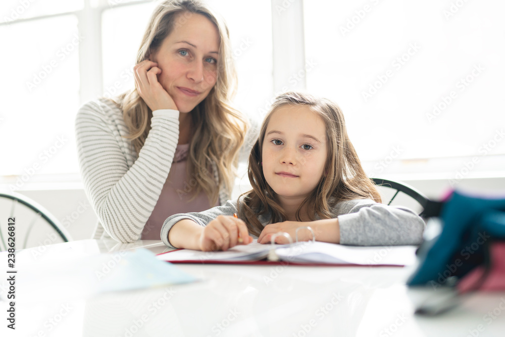 A Mother and Child doing homework at home A Mother and Child doing homework at home