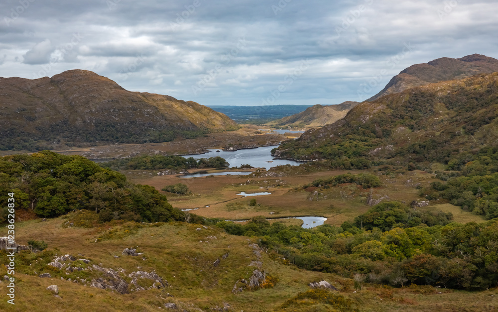 Ladies View, a scenic panorama on the Ring of Kerry, Killarney National Park, Ireland. The name stems from the admiration of the view given by Queen Victoria's ladies-in-waiting