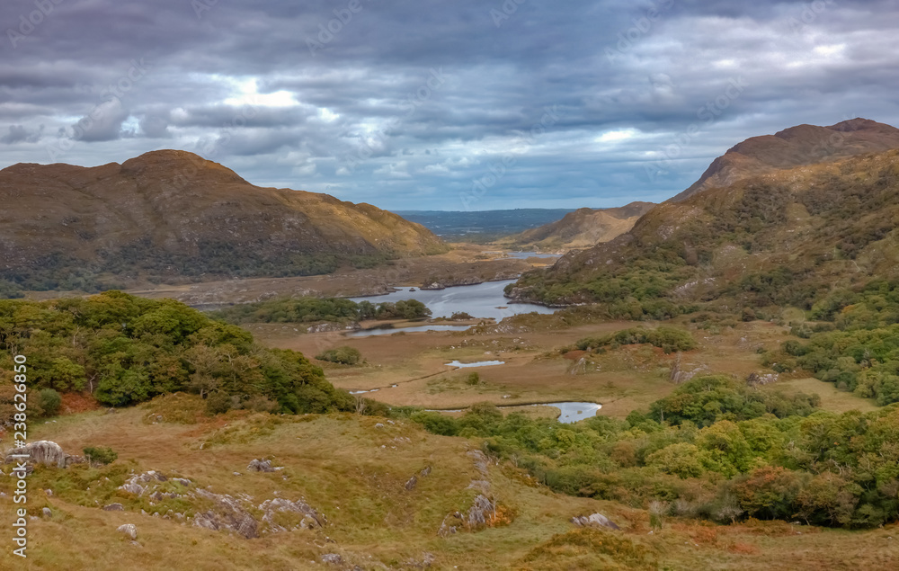 Ladies View, a scenic panorama on the Ring of Kerry, Killarney National Park, Ireland. The name stems from the admiration of the view given by Queen Victoria's ladies-in-waiting