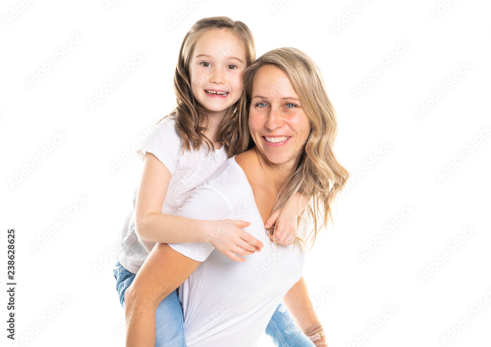 A mother and daughter portrait isolated on white studio. A mother and daughter portrait isolated on white studio.