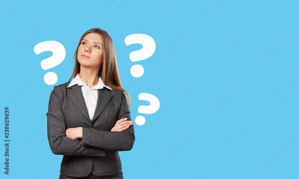 Question woman apron attractive beautiful beauty blue background Question woman apron attractive beautiful beauty blue background